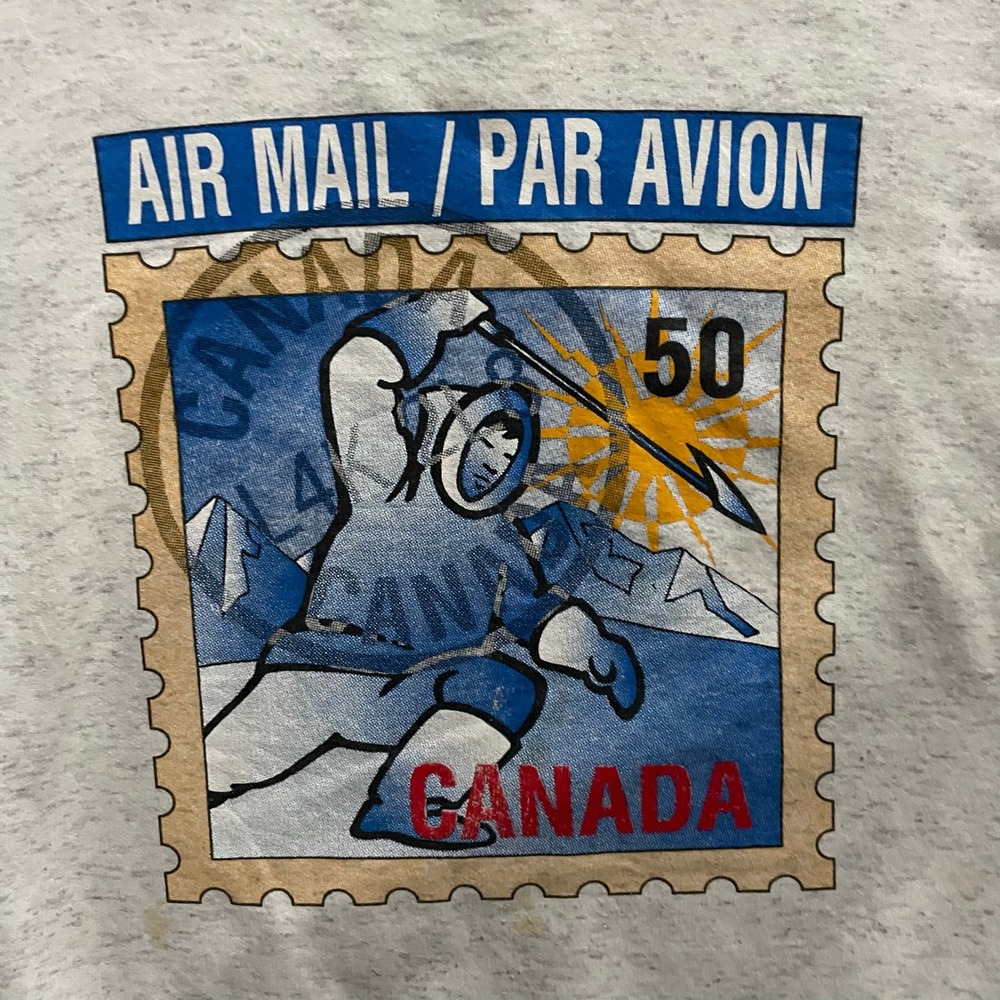 Vintage Air Mail Canada Stamp Sweatshirt Mens Large Grey 90s Impressions Canada - Picture 2 of 9
